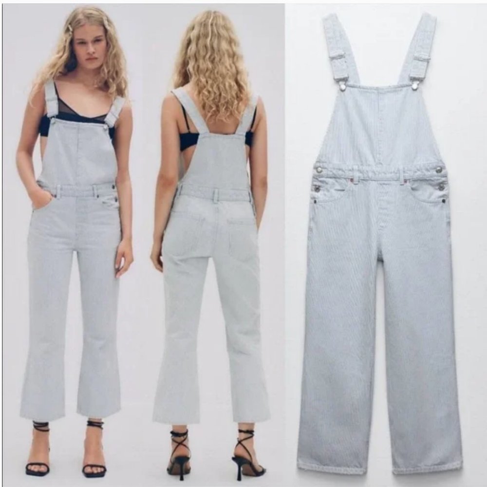 Zara Pinstriped Denim Overalls Blue White Size Small